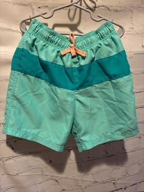 Cat & Jack Aqua and Teal Swim Shorts with Peach Drawstring